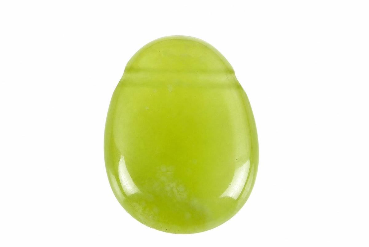 A smooth, polished jade pendant with a drop shape and light green colour on a white background.