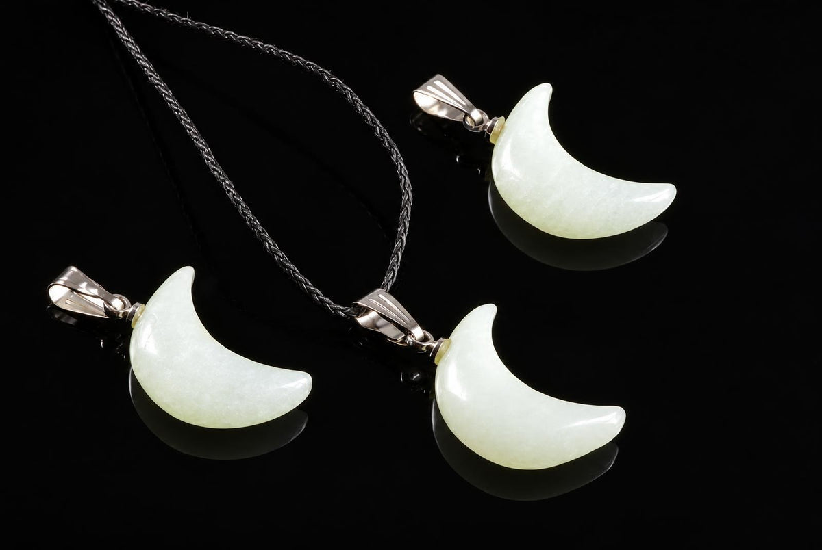Pale green crescent moon jade pendants with silver-tone loops and black cords are arranged together on a glossy dark surface.
