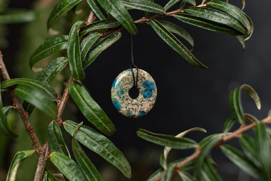 A donut-shaped pendant with blue and beige speckled patterns hangs from a black cord on a leafy branch.