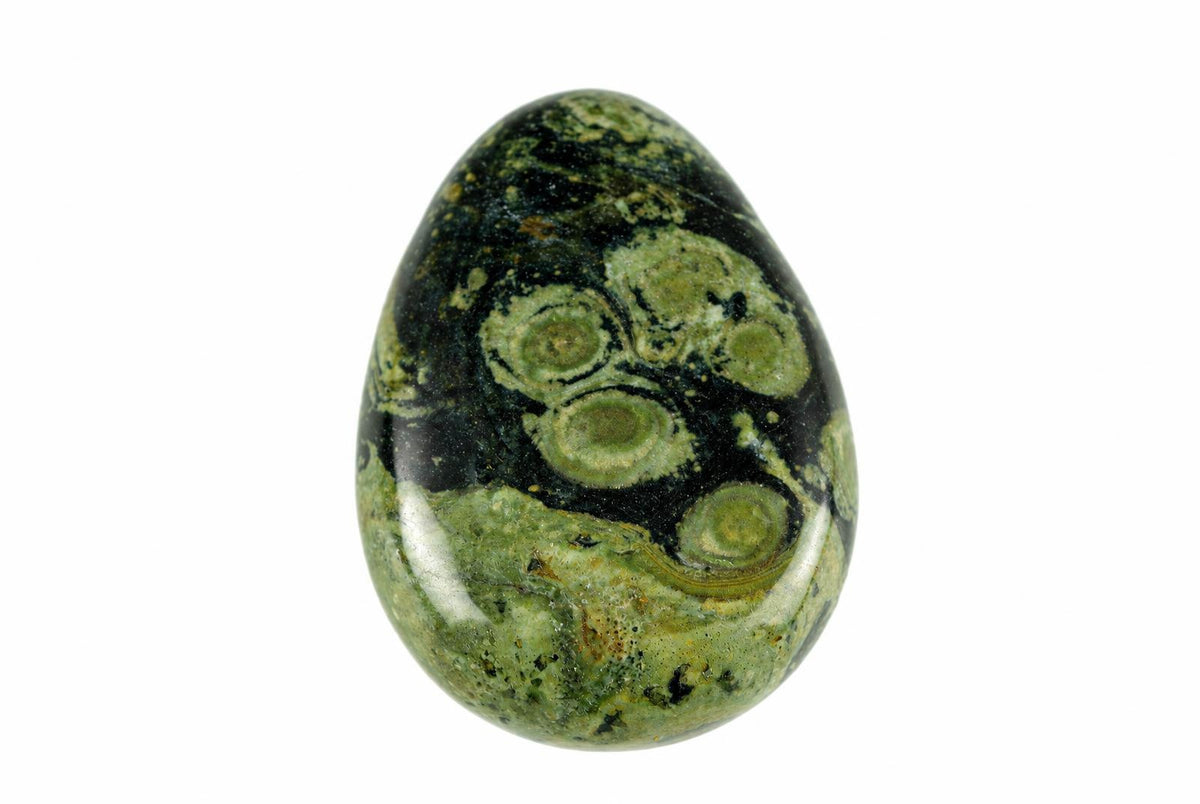 A polished Kambaba jasper pendant with a drop shape, featuring dark green and black swirls against a pale surface on a white background.