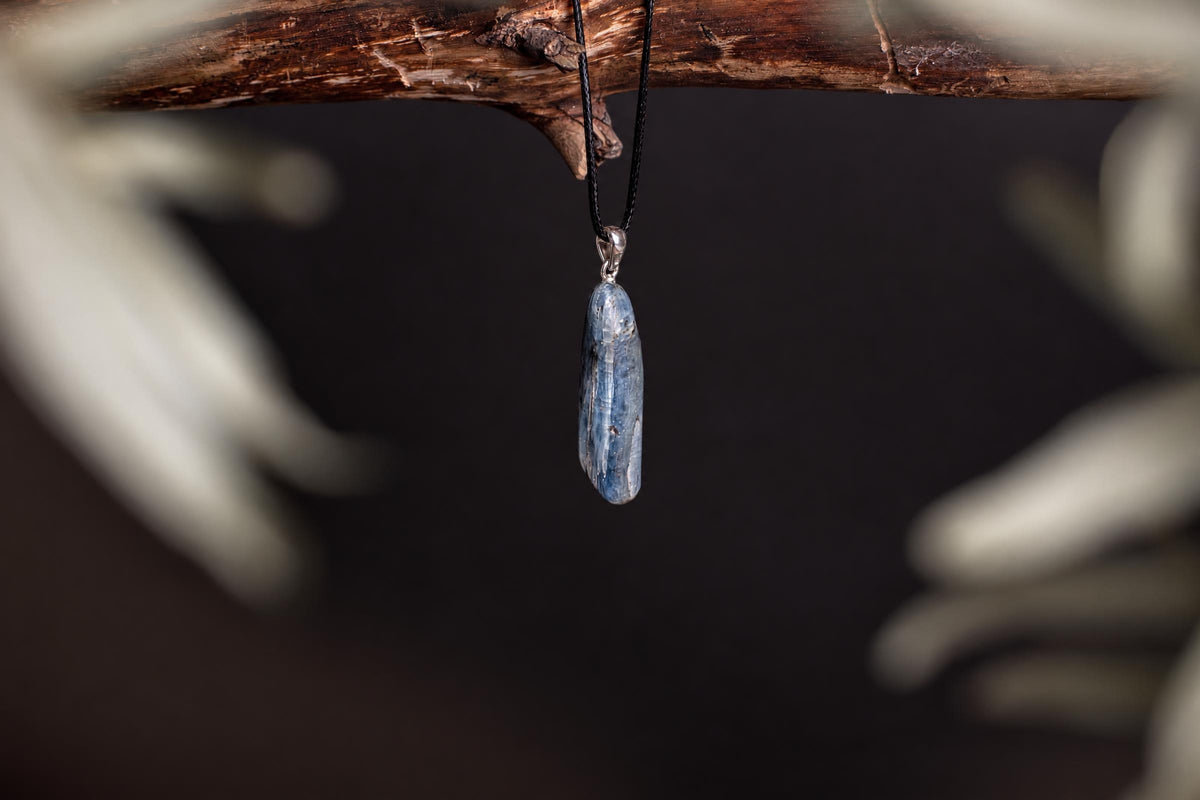 A blue kyanite pendant on a black cord hangs from a dark wooden branch against a dark background.