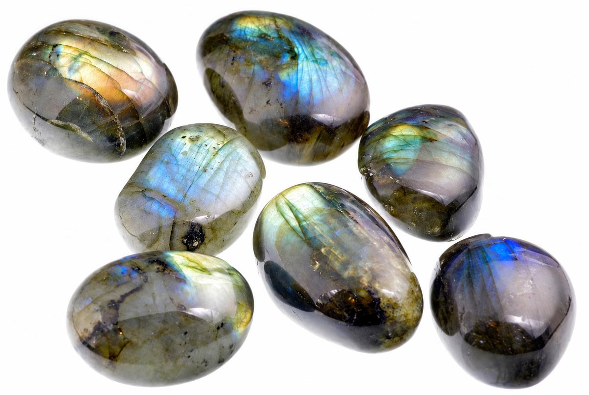 Seven smooth grey-green stones show blue, green and golden iridescent flashes on a white background.