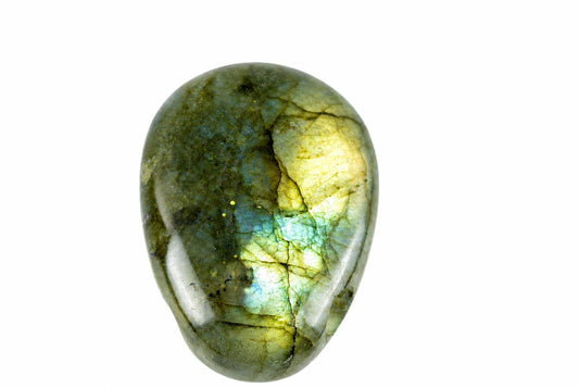 A polished, oval Labradorite stone with green and blue iridescence on a white background.
