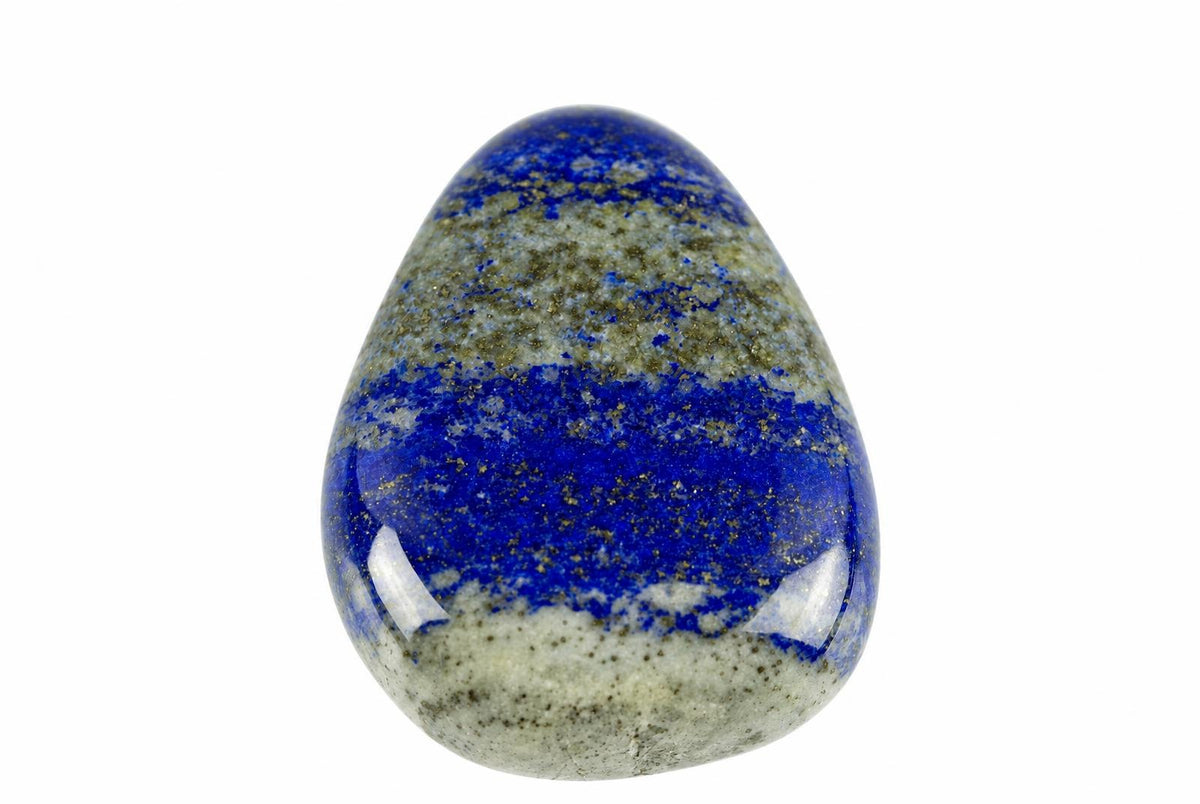A polished teardrop-shaped stone with deep blue, grey and gold-coloured speckles on a white background.