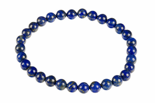 A bracelet of glossy deep-blue round beads with pale and gold-toned flecks forms a circle on white.