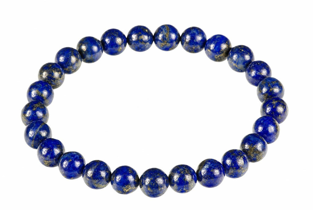 A bracelet of round deep-blue beads with pale patches and gold-toned speckles forms a circle on white.
