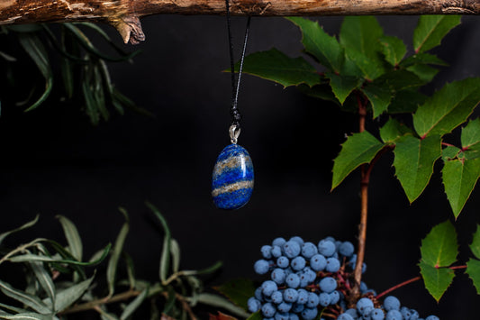 A polished blue and gold-toned stone pendant hangs from a black cord on a dark surface, surrounded by green leaves.