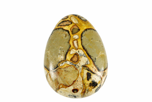 A polished, egg-shaped stone pendant with a mottled pattern of olive green, yellow, cream and dark brown patches on a white background.