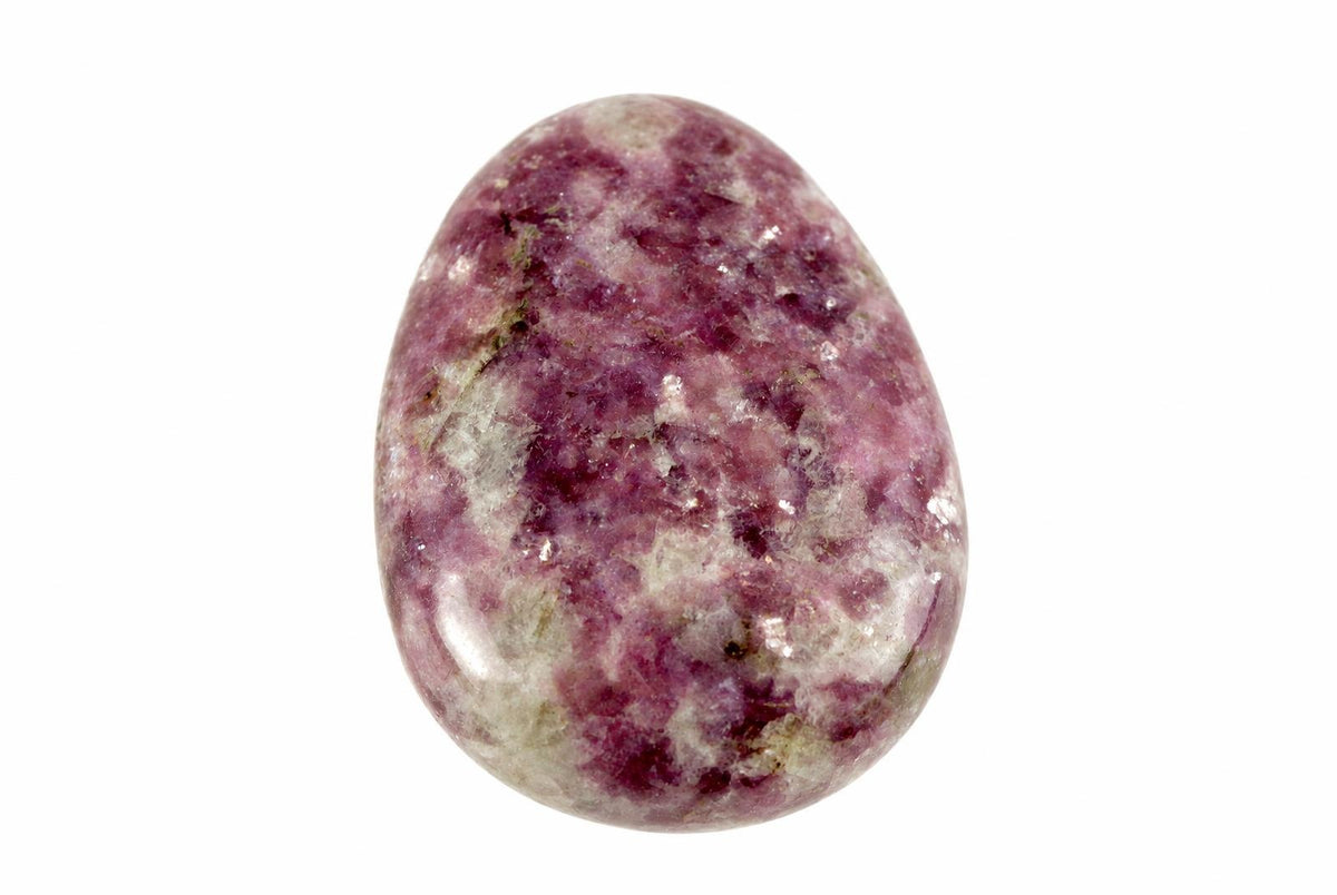 A polished, oval-shaped stone with a mottled pattern of deep purple and pale grey on a white background.
