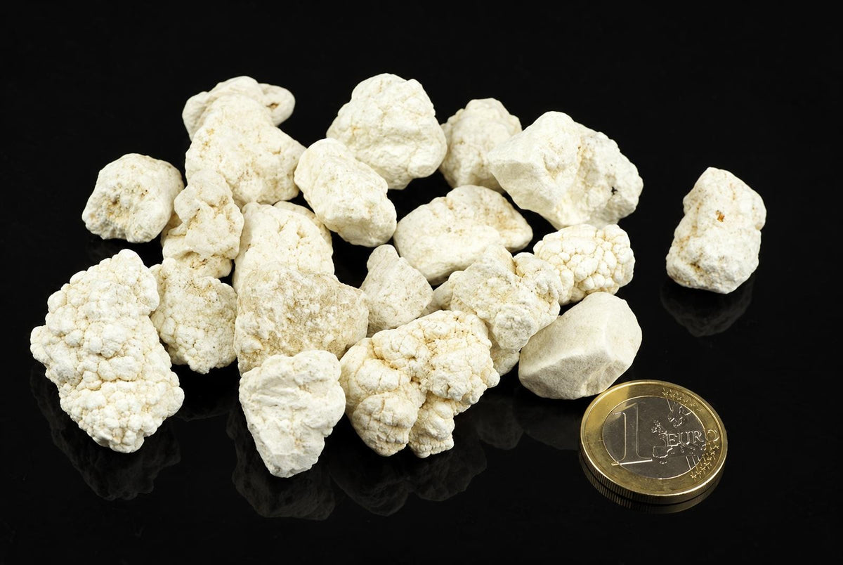 A pile of white, irregular magnesite stones on a dark surface next to a one euro coin.
