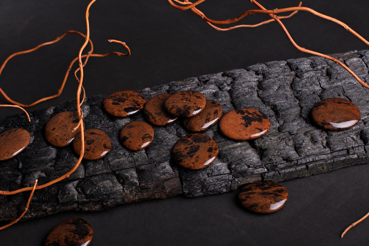 Polished reddish-brown palmstones with black patches are scattered over textured wood and a dark surface among thin dried stems.
