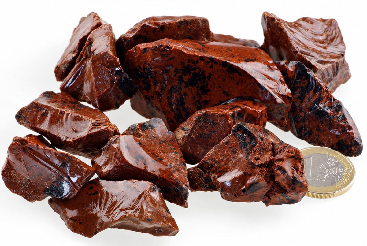 A pile of glossy, reddish-brown stones with black speckles sits on a white surface next to a coin.