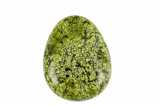 A polished, oval-shaped stone pendant with a bright yellow-green base and a network of black veins on a white background.