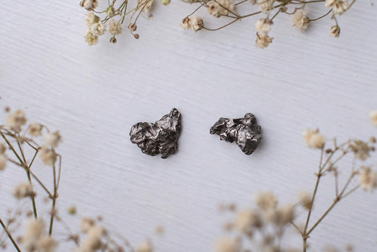 Two silver-toned, irregularly shaped metallic objects resembling meteorites rest on a pale wooden surface with dried flowers.