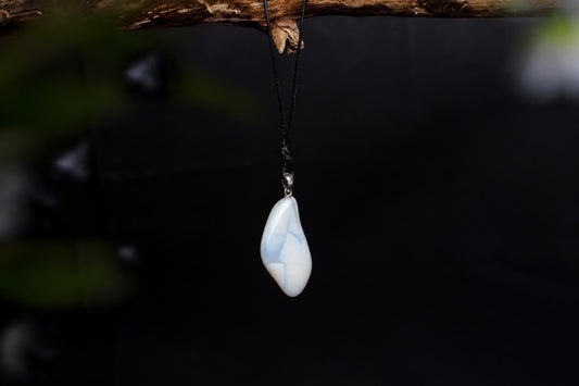 A white pendant with blue veins hangs from a black cord on a dark wooden branch against a black background.