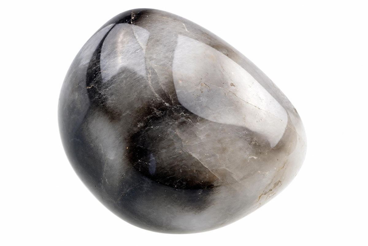 A polished, teardrop-shaped stone with dark grey and white cloudy patterns on a plain white background.