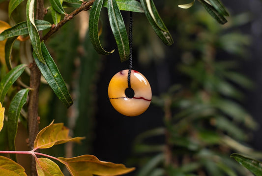 A polished, donut-shaped pendant with yellow and white tones hangs from a black cord against green leaves.