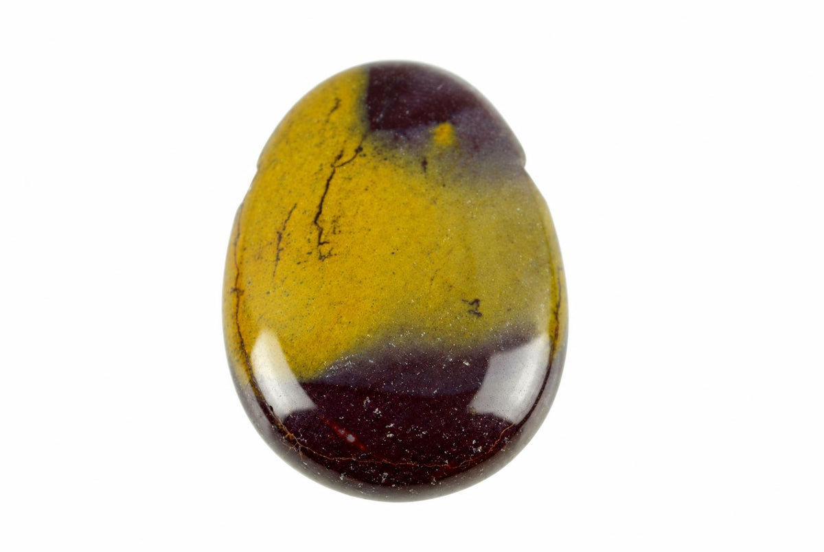 A polished, oval-shaped stone with a smooth surface. It features a yellow upper section and a dark brown lower section against a white background.