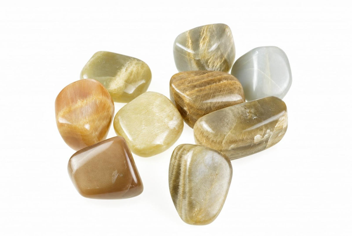 A collection of polished, smooth stones in shades of brown, yellow, and grey on a white surface.