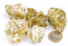 Five yellowish-green muscovite mineral specimens with white flecks on a pale surface, next to a one-euro coin for scale.