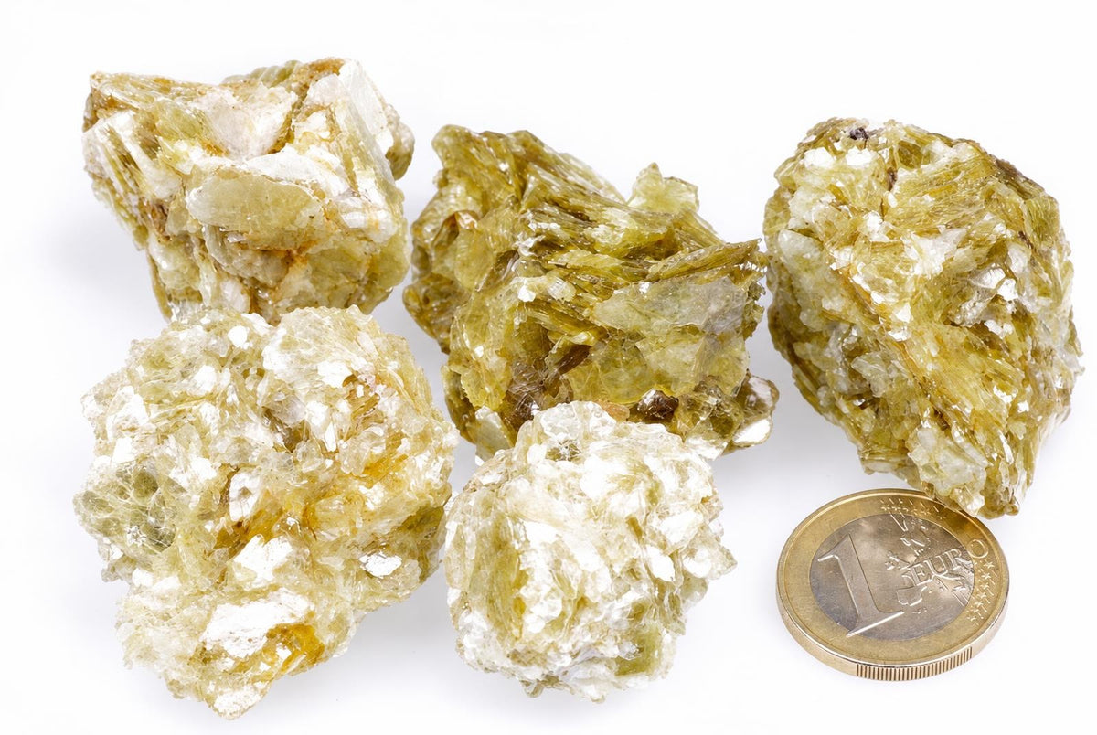 Five yellowish-green muscovite mineral specimens with white flecks on a pale surface, next to a one-euro coin for scale.
