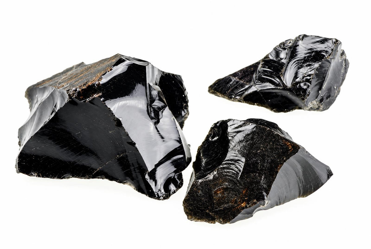 Three glossy black obsidian fragments with sharp, conchoidal fracture edges on a white background.