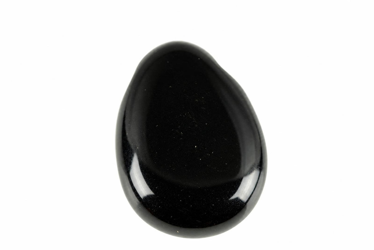 A smooth, black onyx pendant with a polished teardrop shape against a white background.