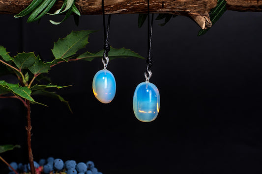 Two blue and white opal glass pendants hang from black cords on a dark surface, surrounded by green leaves.