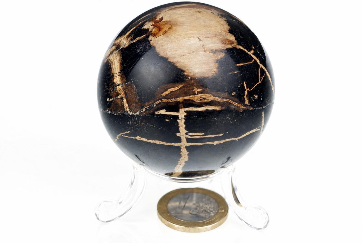 A polished, dark sphere with light brown patterns sits on a clear stand against a white background.