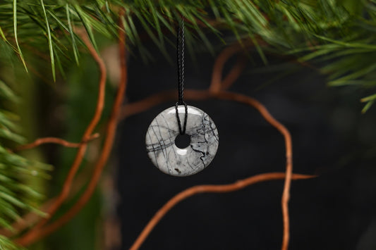 A gray circular stone pendant with a central hole and dark intersecting lines hangs from a black cord among green foliage and dried stems.
