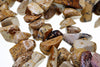 Close-up of overlapping strands of polished cream and tan stone chips with brown and black mottling on a white background.