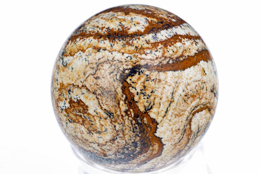 A polished Picture jasper sphere with swirling brown, black and cream patterns on a white background.