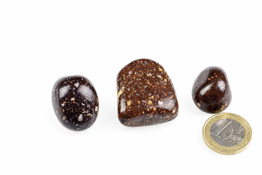 Three polished brown porphyry stones show pale speckles and rounded surfaces, arranged beside a coin on a white background.