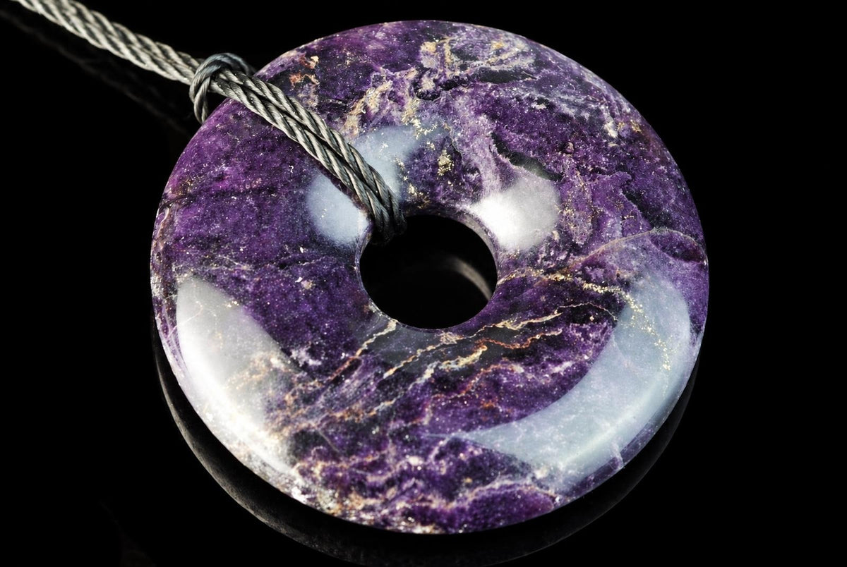 A polished purple and white fluorite donut pendant with a central hole, suspended on a twisted cord against a dark surface.