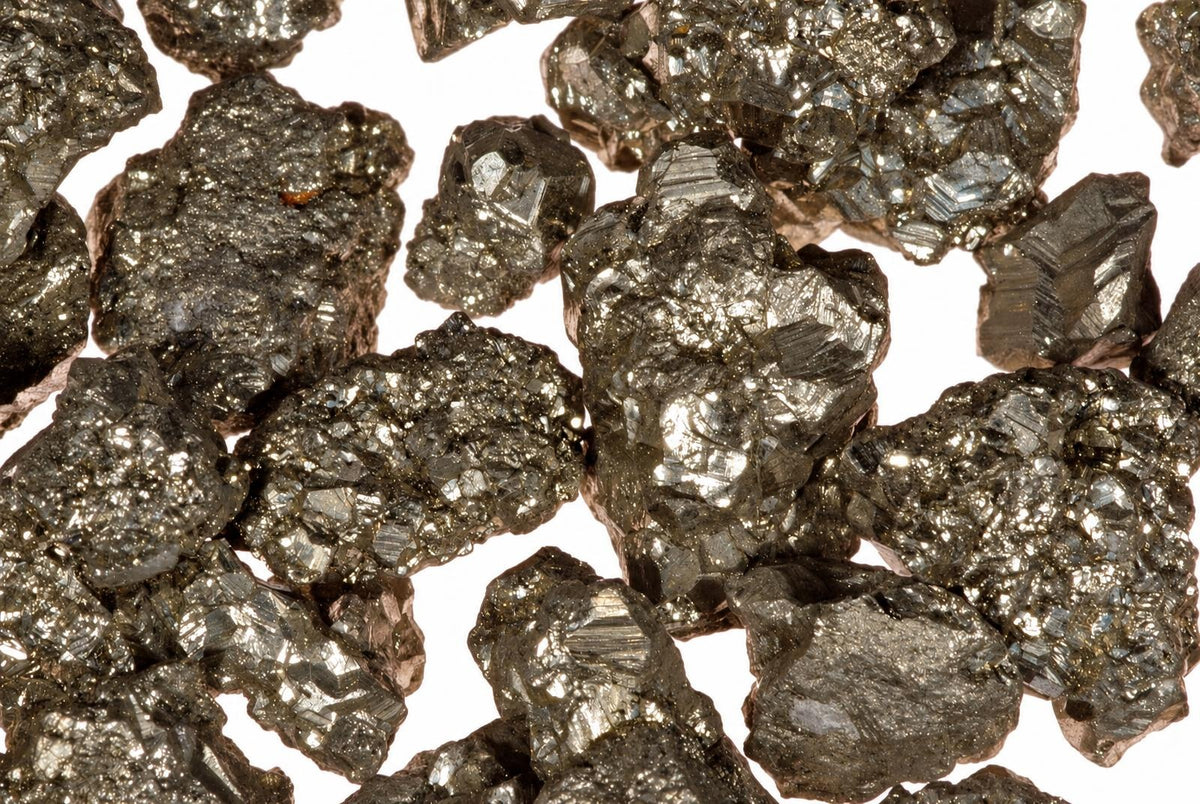 A pile of small, metallic grey and brown pyrite mineral specimens with a crystalline texture on a white background.
