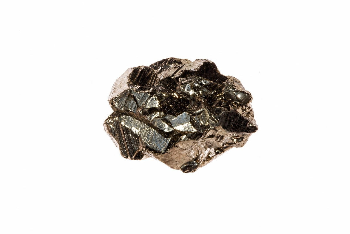 A metallic, gold-coloured mineral specimen with a rough, crystalline texture on a white background.