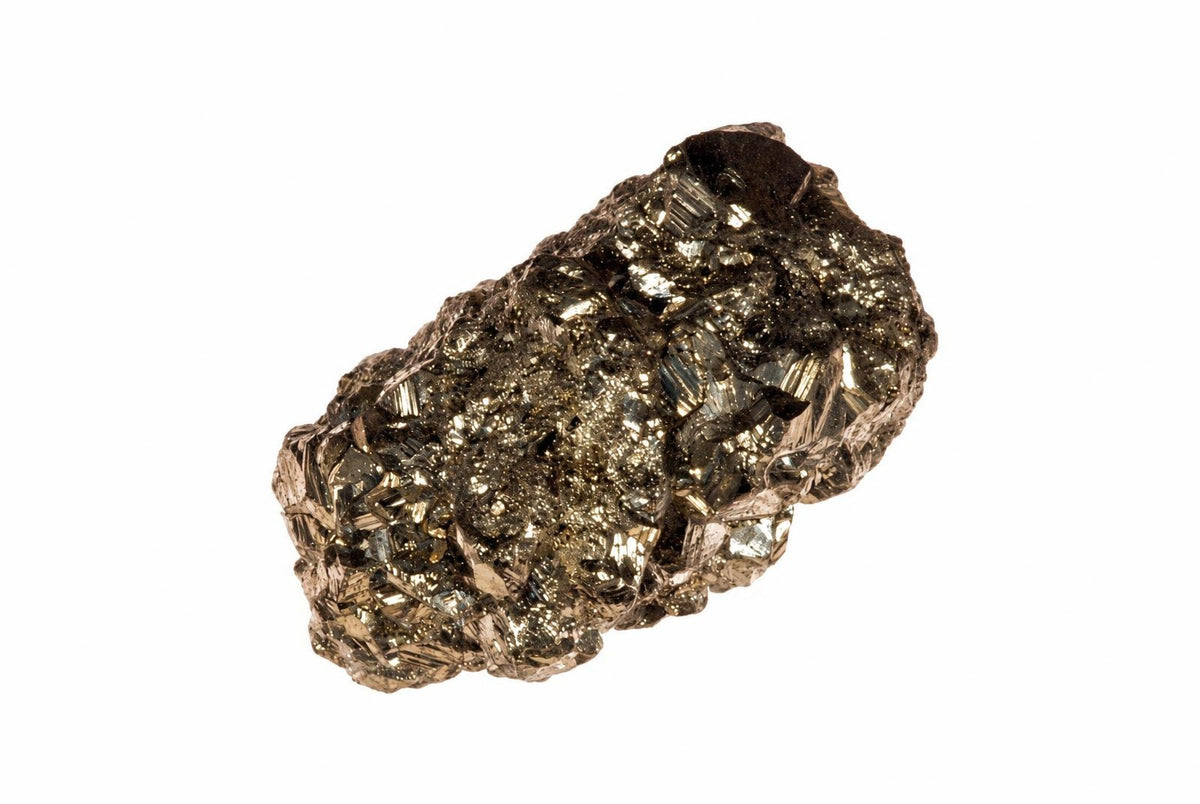 A metallic, golden-brown mineral specimen with a rough, crystalline texture on a white background.