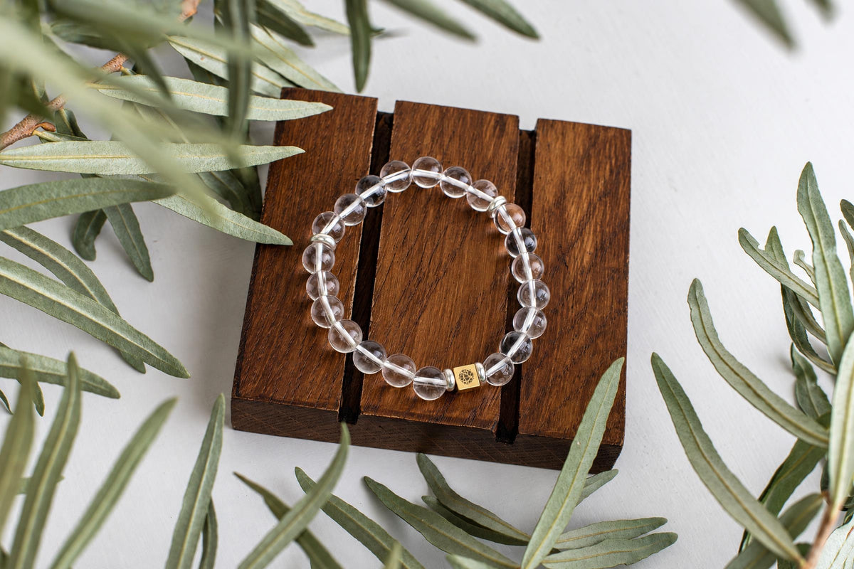 A bracelet with clear round beads and a gold-coloured square charm rests on a dark wooden surface, surrounded by green leaves.