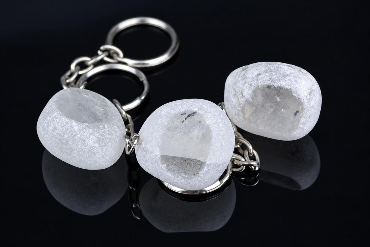 Three silver-toned keychains with smooth, translucent white quartz stones on a dark reflective surface.