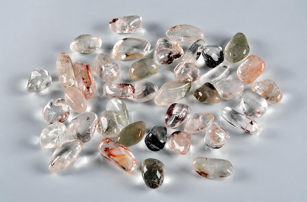 A pile of polished quartz stones with various inclusions, including dark and reddish-brown spots, on a pale surface.