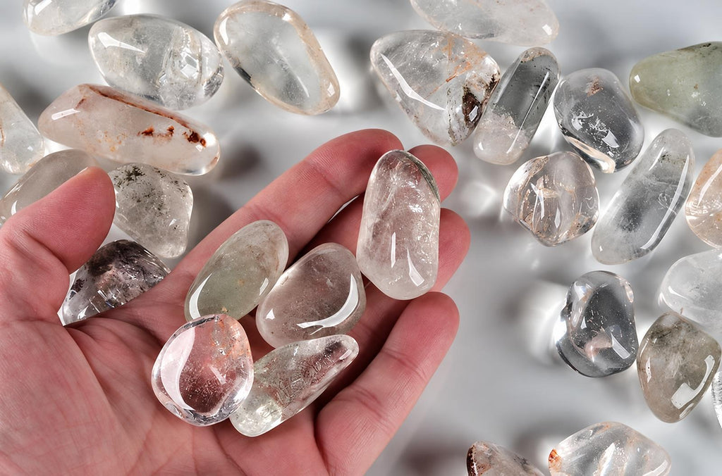 A hand holds several smooth, translucent quartz stones with visible inclusions against a pale surface scattered with more stones.