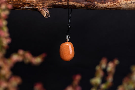 A polished orange oval stone pendant hangs from a black cord beneath a branch against a dark background.