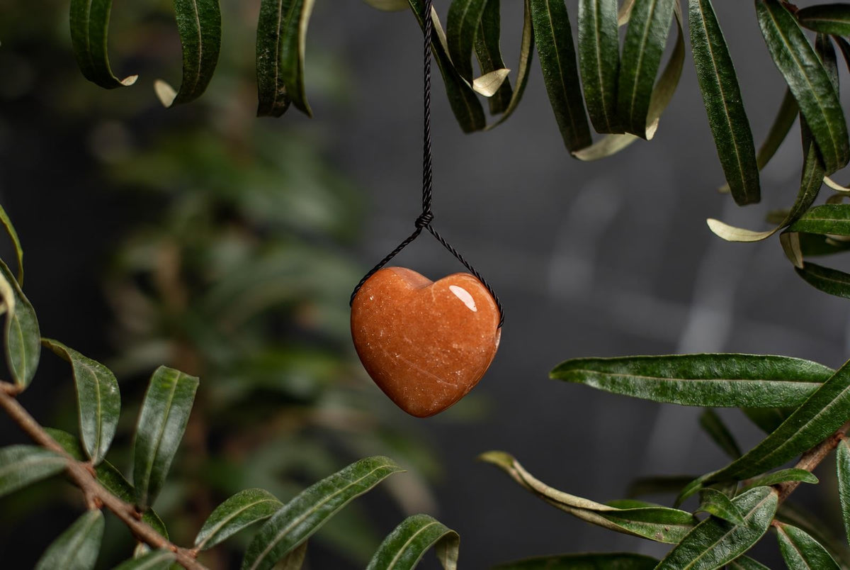 A polished, heart-shaped red aventurine pendant hangs from a black cord against dark green leaves.
