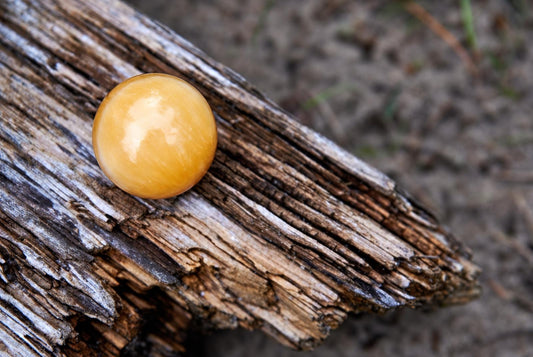 A smooth, round, yellow-orange sphere rests on a weathered wooden surface with a blurred natural background.