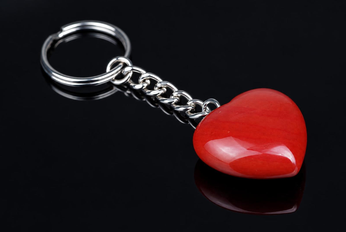 A silver-toned keychain with a polished red heart-shaped pendant on a dark reflective surface.