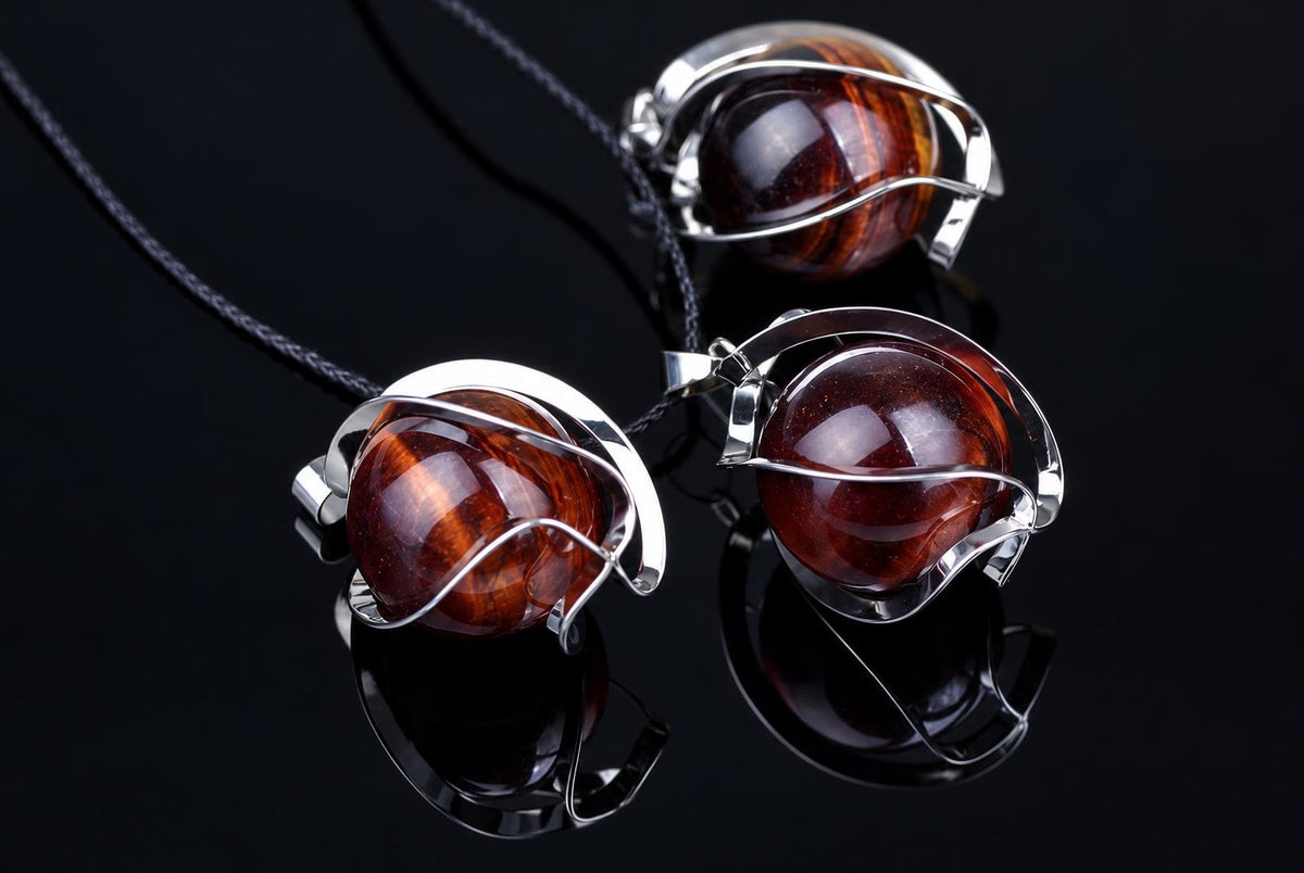 Three pendants with round, reddish-brown tiger eye spheres in silver-toned wire settings on dark cords against a black reflective surface.