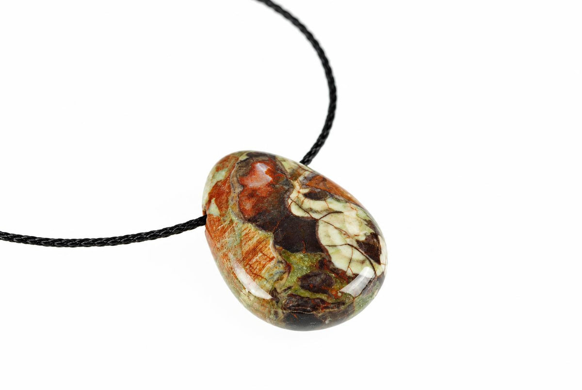 A polished, teardrop-shaped pendant with a black cord. The stone shows swirls of dark brown, orange, green and pale cream.