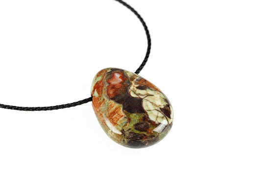 A polished, teardrop-shaped pendant with a black cord. The stone shows swirls of dark brown, orange, green and pale cream.