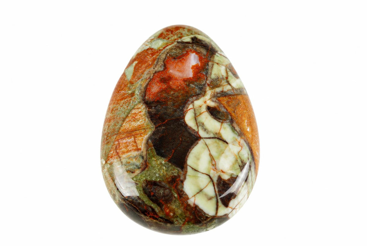 A polished, teardrop-shaped stone pendant with a mottled pattern of red, green, cream, and dark brown on a white background.