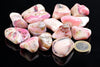 A collection of polished rose opal stones with pink, white and dark inclusions on a black reflective surface next to a coin.